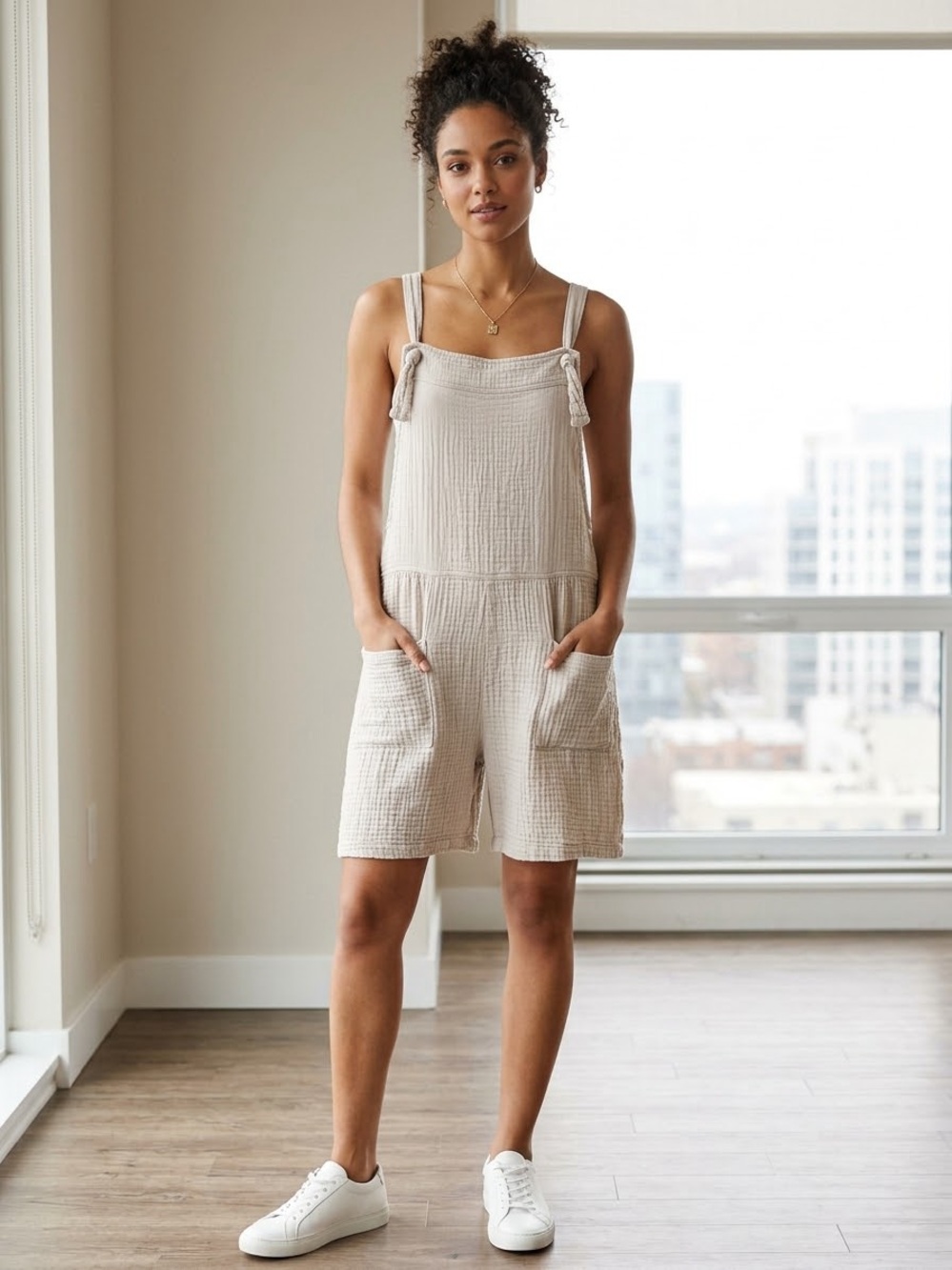 Zenana Woven Double Gauze Adjustable Tie Strap Romper Large